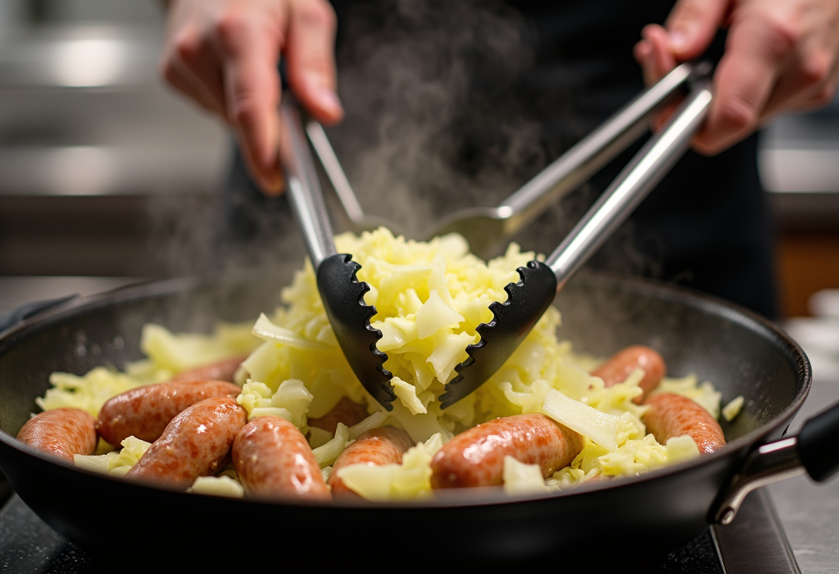 Combining cabbage and sausages in a skillet for a hearty sausage and cabbage stir fry, illustrating the dynamic cooking process of this savory dish.