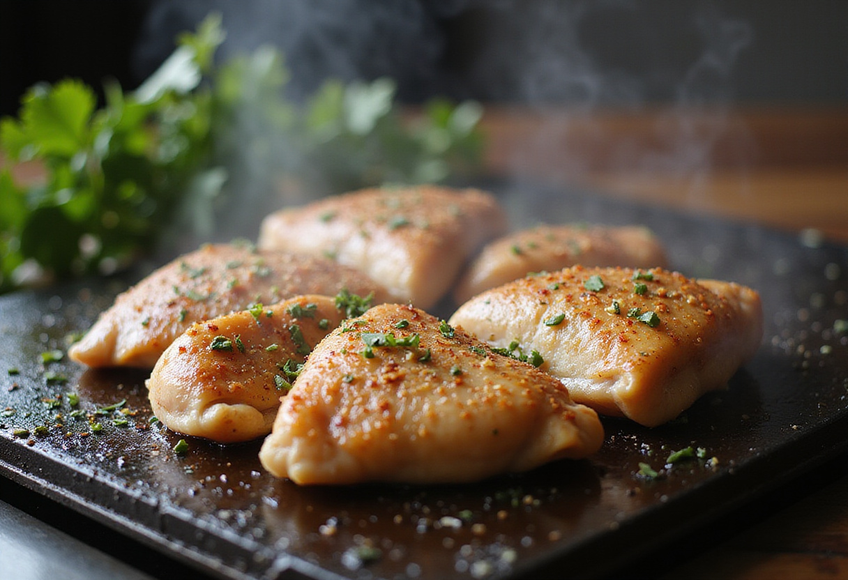 Cooking chicken on a Blackstone griddle, sizzling with garlic aroma filling the air in a vibrant outdoor setting.