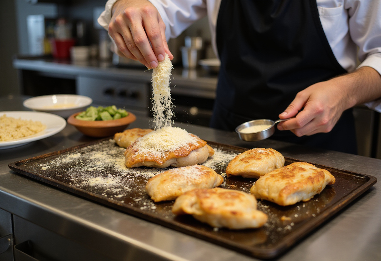 Adding parmesan cheese to savory garlic chicken on a Blackstone griddle, showcasing delicious outdoor cooking.
