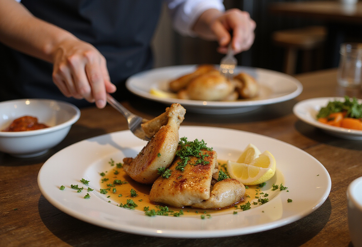 Plating garlic parmesan chicken delight with fresh herbs and vegetables, creating an appetizing presentation.