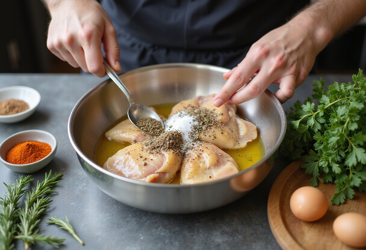 Seasoning chicken thighs with Mediterranean herbs for Sheet Pan Mediterranean Chicken & Zucchini recipe, showcasing healthy cooking techniques.