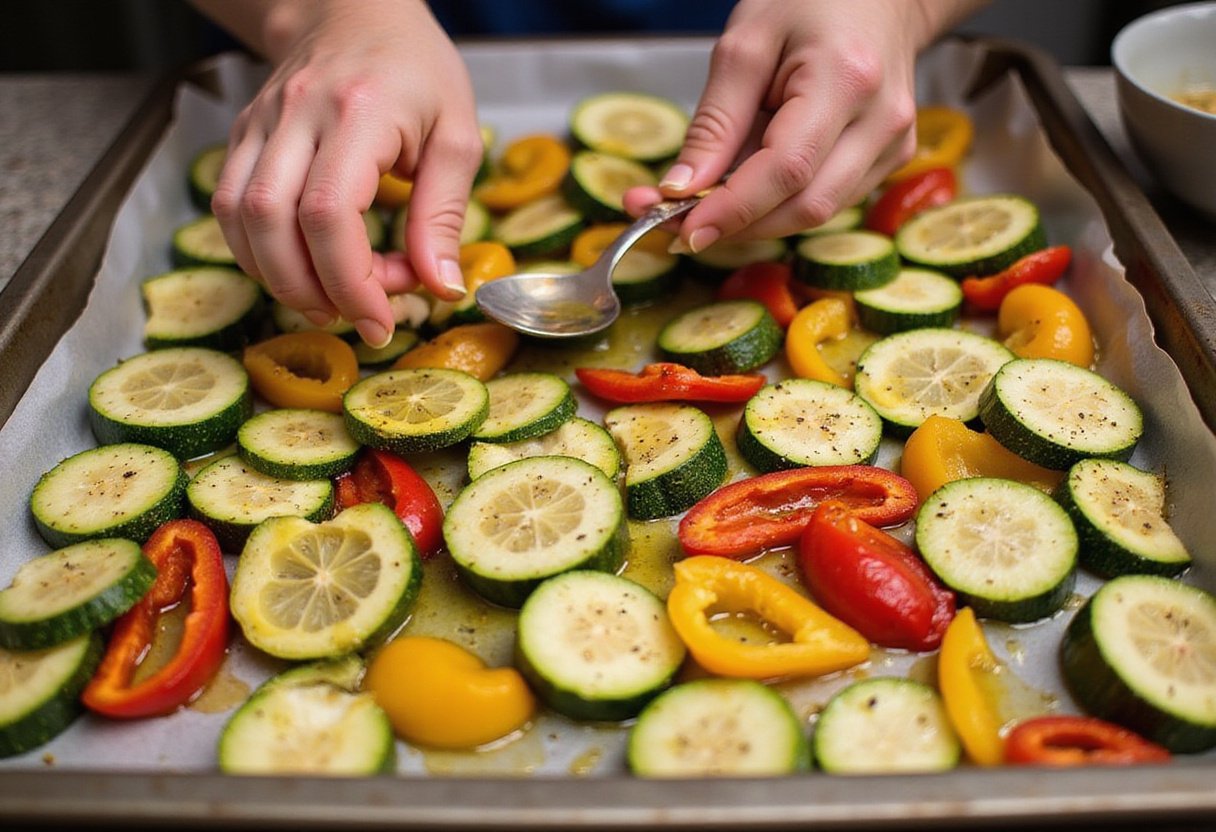 Preparing vegetables for Sheet Pan Mediterranean Chicken & Zucchini, highlighting colorful zucchini, bell peppers, and healthy preparation methods.