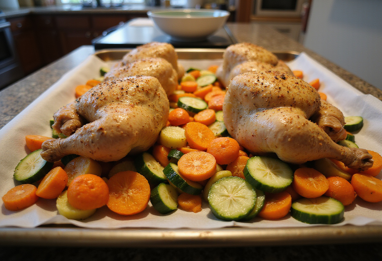 Arranging seasoned chicken thighs atop colorful vegetables for Sheet Pan Mediterranean Chicken & Zucchini, emphasizing a healthy meal prep.