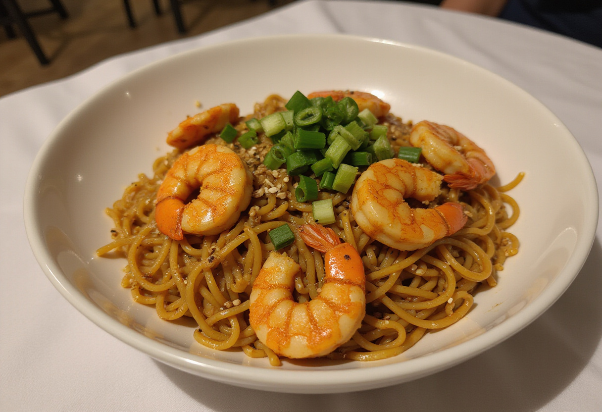 Delicious shrimp stir fry with noodles, garnished and presented in an elegant bowl, showcasing a vibrant and appetizing meal.