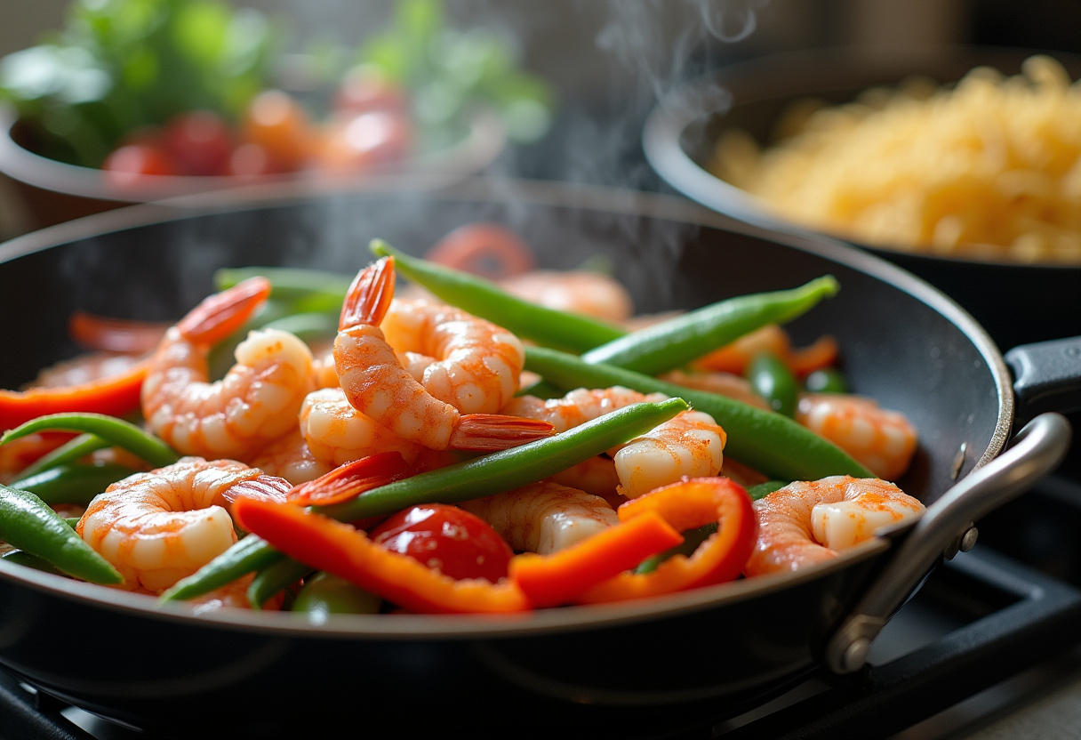 Fresh shrimp stir fry ingredients including shrimp, bell peppers, and snow peas on a stove ready for cooking.