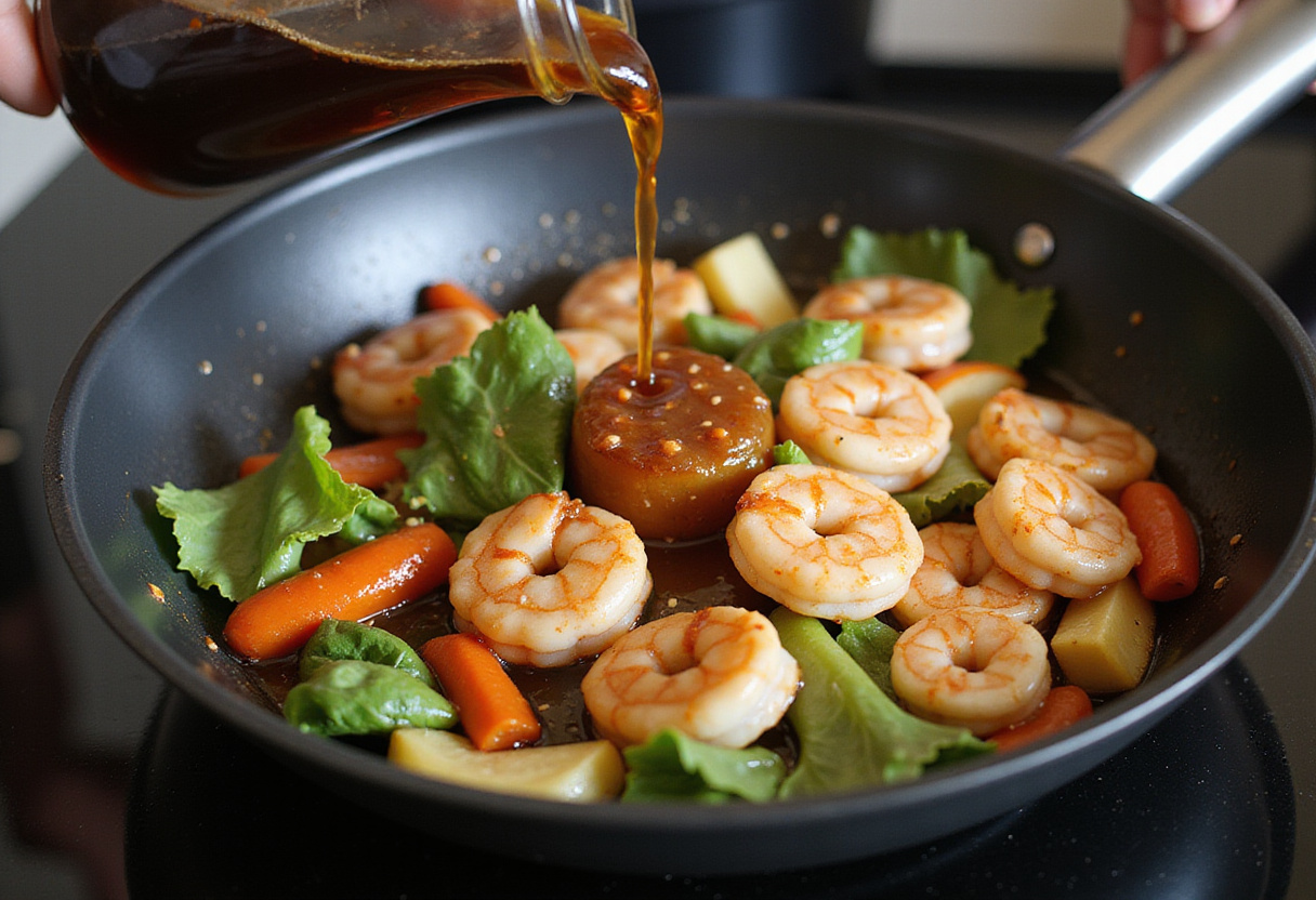 Sizzling shrimp stir fry with fresh vegetables and soy sauce, showcasing the cooking process of a delicious shrimp stir fry.