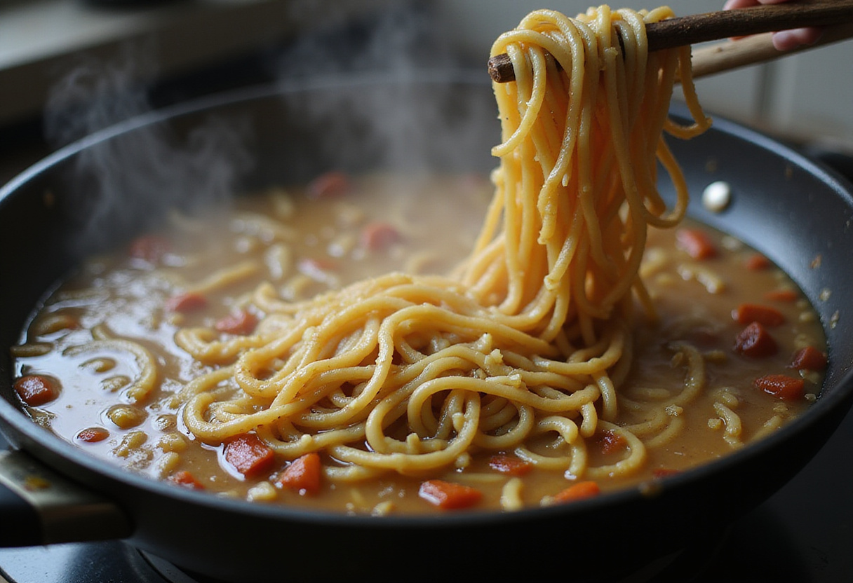Boiling noodles in a pot as part of the shrimp stir fry recipe, highlighting the preparation of noodles for a delicious meal.