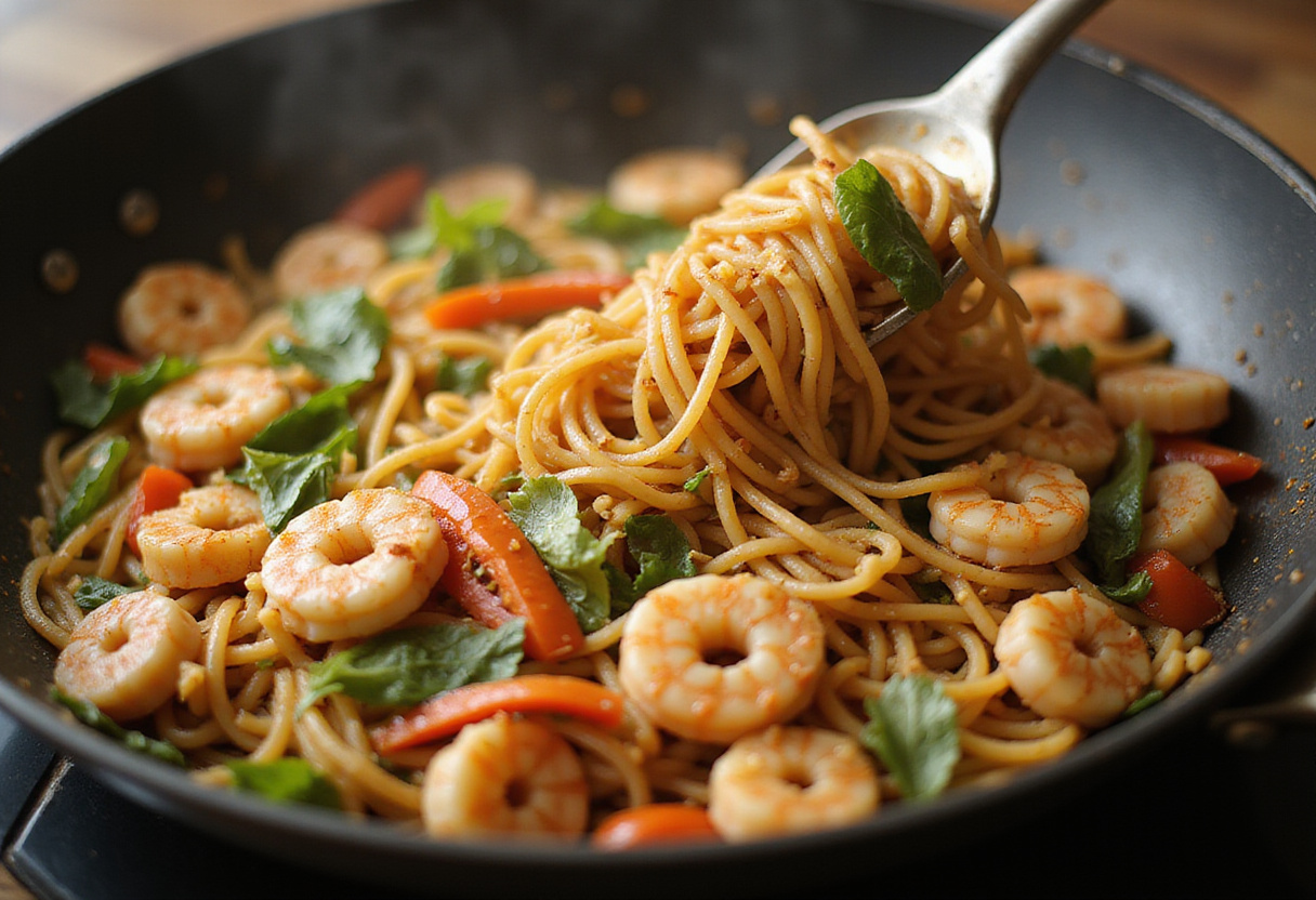 Mixing cooked noodles with shrimp and vegetables in a frying pan, creating a colorful and flavorful shrimp stir fry.