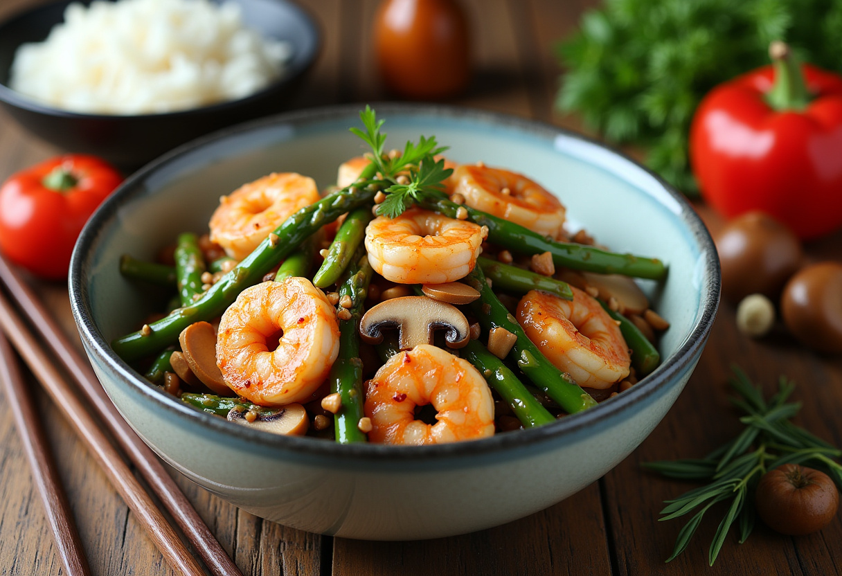 Delicious shrimp and asparagus stir-fry with mushrooms served on a dining table, highlighting the meal alongside fresh ingredients and rice, ideal for a gourmet dinner.