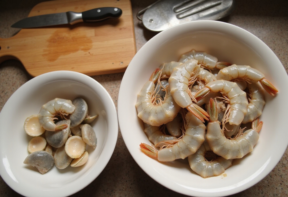 Fresh shrimp being cleaned for a delicious shrimp and asparagus stir-fry recipe in a neatly organized kitchen.