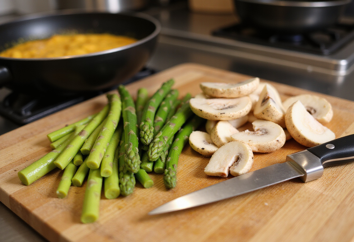 Preparing fresh asparagus and mushrooms for shrimp and asparagus stir-fry, highlighting the colorful ingredients and kitchen setup.