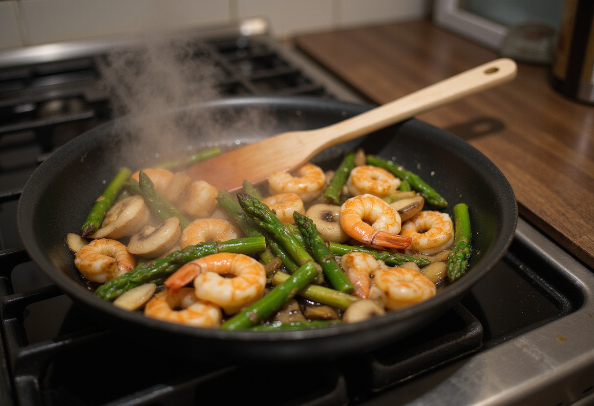 Cooking shrimp and asparagus stir-fry in a hot pan, showcasing the delicious blend of fresh ingredients coming together in a flavorful dish.