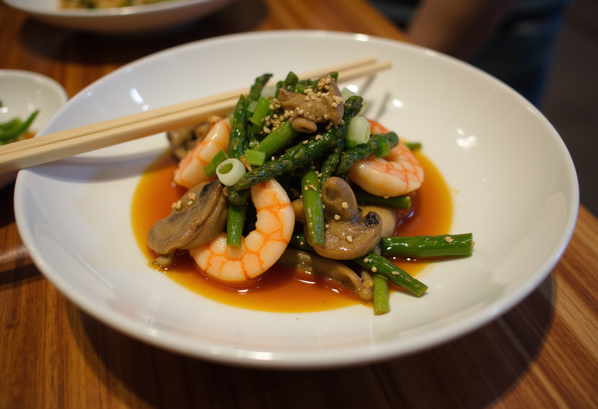 Plated shrimp and asparagus stir-fry with mushrooms, artfully arranged for a delicious presentation, perfect for enjoying a homemade meal.