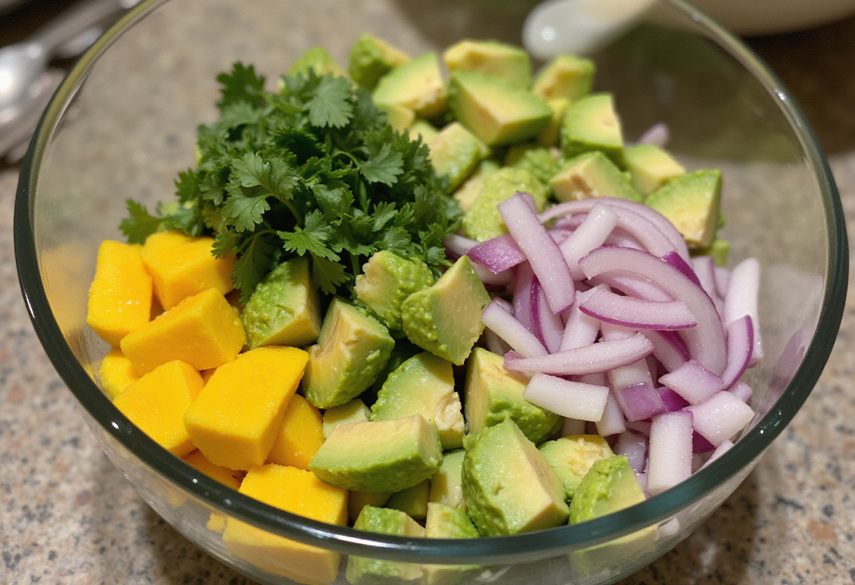 Mixing diced avocados and mango for fresh shrimp and avocado bowls, highlighting the colorful and healthy ingredients.