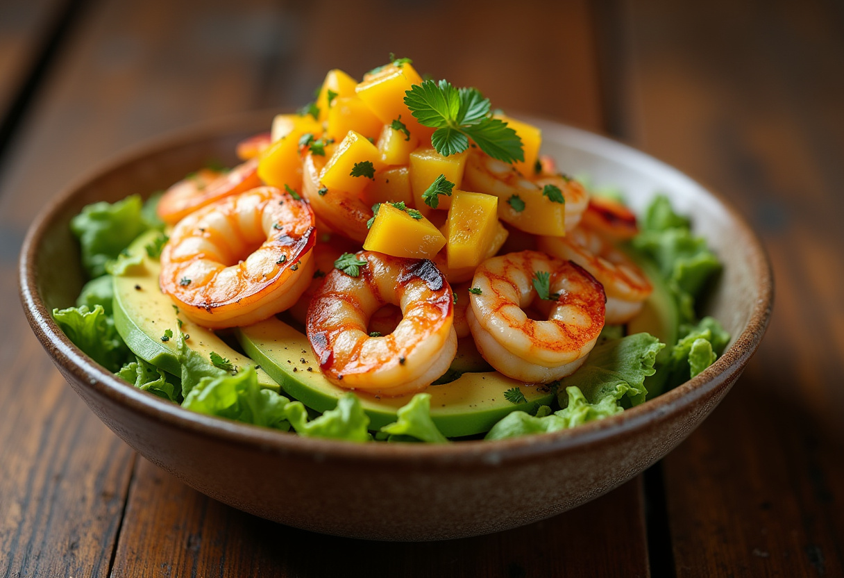 A beautifully arranged shrimp and avocado bowl with mango salsa, focusing on the vibrant and fresh ingredients.