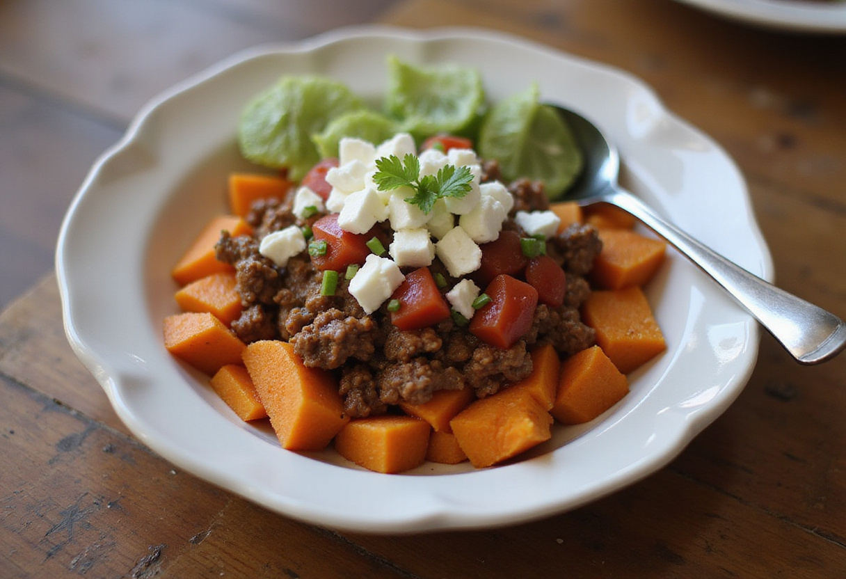 Final presentation of Sloppy Joe Sweet Potato Bowls, a healthy and delicious meal with sweet potatoes and savory beef, perfect for mealtime.