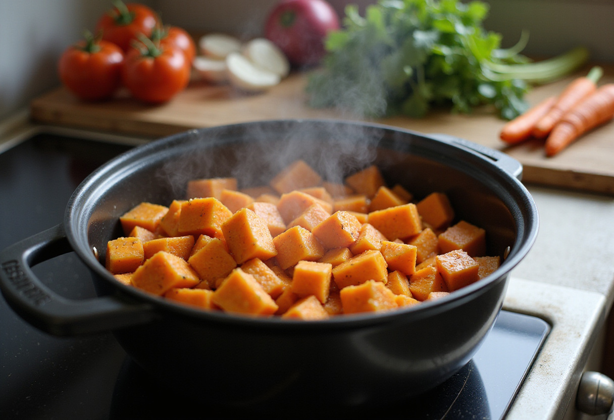 Sweet potatoes cooking in a pot for Sloppy Joe Sweet Potato Bowls, showcasing a warm kitchen atmosphere filled with healthy ingredients.