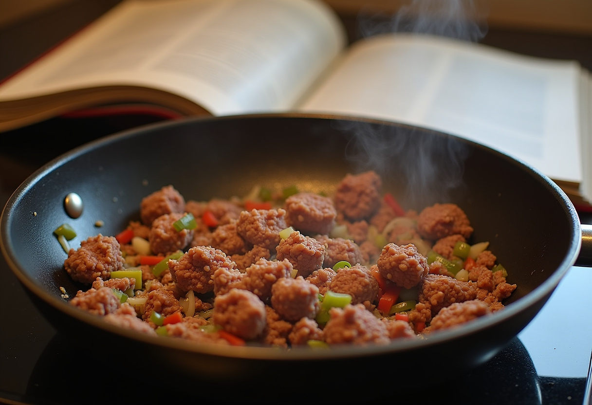 Ground beef with onions and bell peppers sizzling in a pan, illustrating the preparation step for flavorful Sloppy Joe Sweet Potato Bowls.