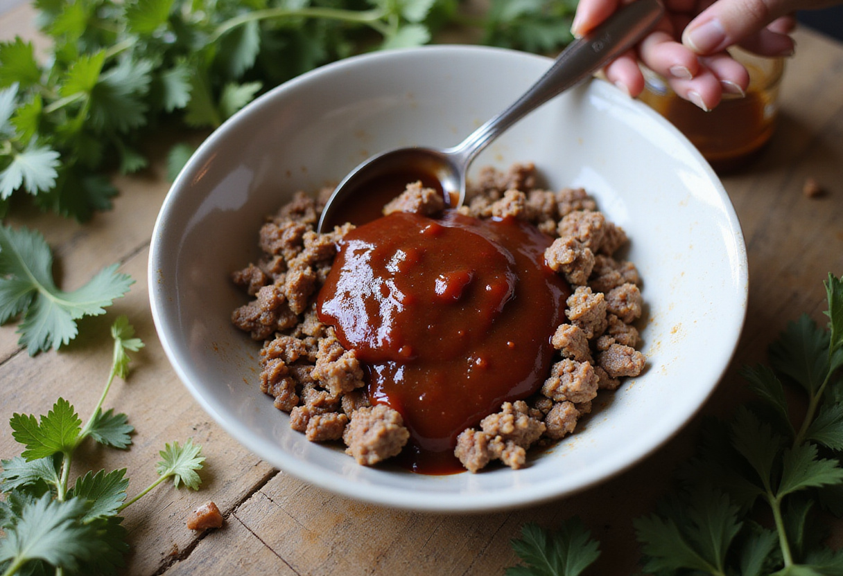 Ground beef mixture blended with barbecue sauce for Sloppy Joe Sweet Potato Bowls, emphasizing the delicious flavors coming together.