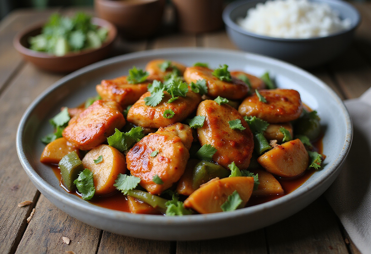 Final presentation of Spicy Ginger Chicken Delight, featuring vibrant chicken and vegetables, served with rice for a delicious meal.