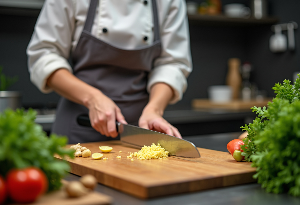 Fresh ginger preparation for Spicy Ginger Chicken Delight, showcasing vibrant vegetables and spices in the kitchen.