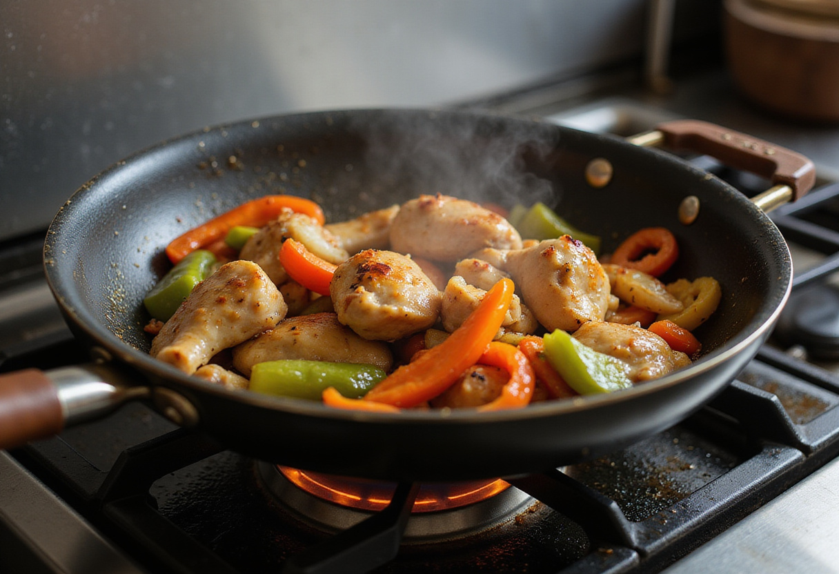 Stir-frying marinated chicken and vegetables for Spicy Ginger Chicken Delight, emphasizing delicious cooking action and vibrant colors.