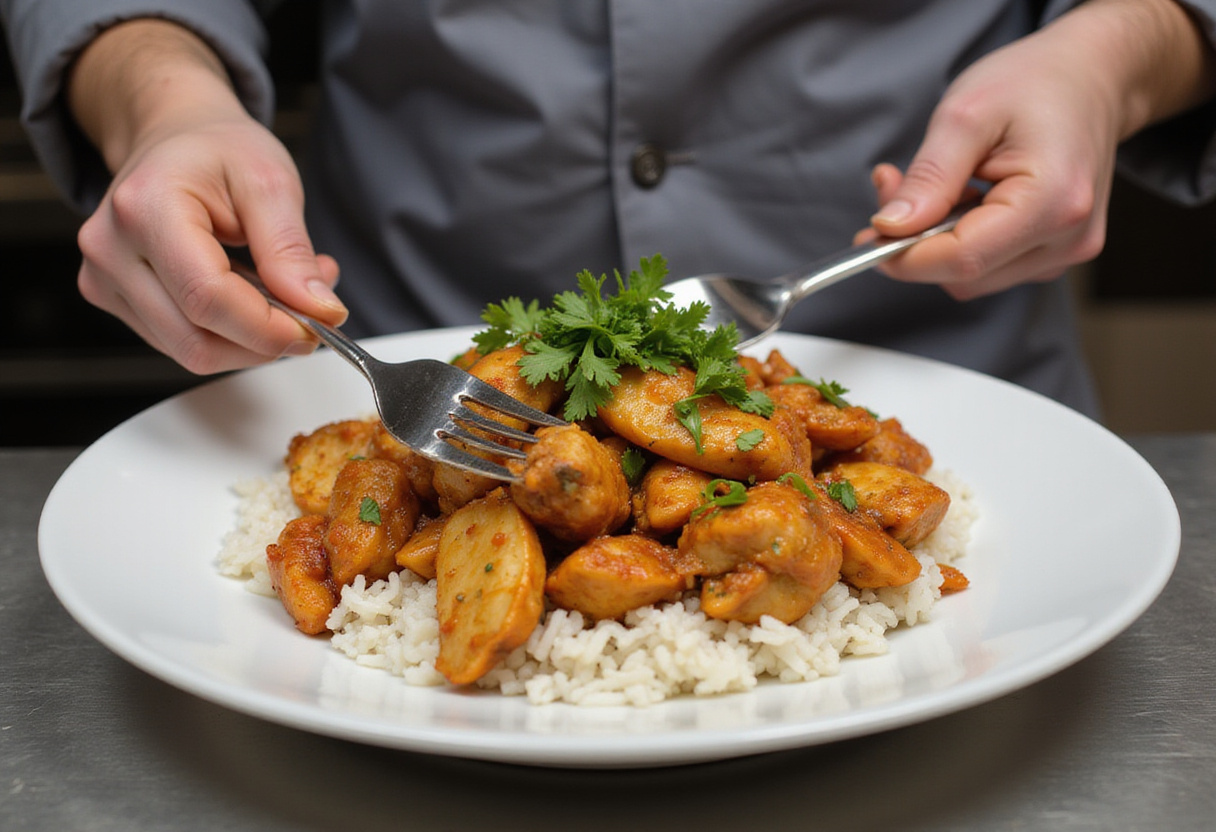 Plating the Spicy Ginger Chicken Delight, highlighting a beautifully garnished dish with steamed rice for an enticing presentation.