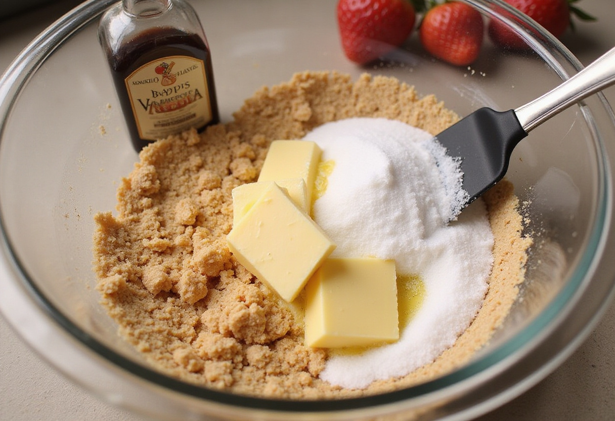 Crushed graham crackers mixed with sugar and butter for a strawberry cheesecake crust. Fresh strawberries and vanilla extract in the background.