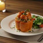 Delicious stuffed bell peppers with rice and veggies on a plate, highlighting a beautiful presentation for a wholesome meal.