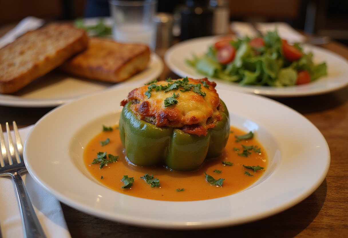 Delicious stuffed bell peppers with rice and veggies on a plate, highlighting a beautiful presentation for a wholesome meal.