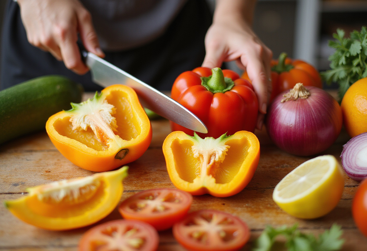 Slicing bell peppers for stuffed bell peppers with rice and veggies, showcasing vibrant colors and fresh vegetables.