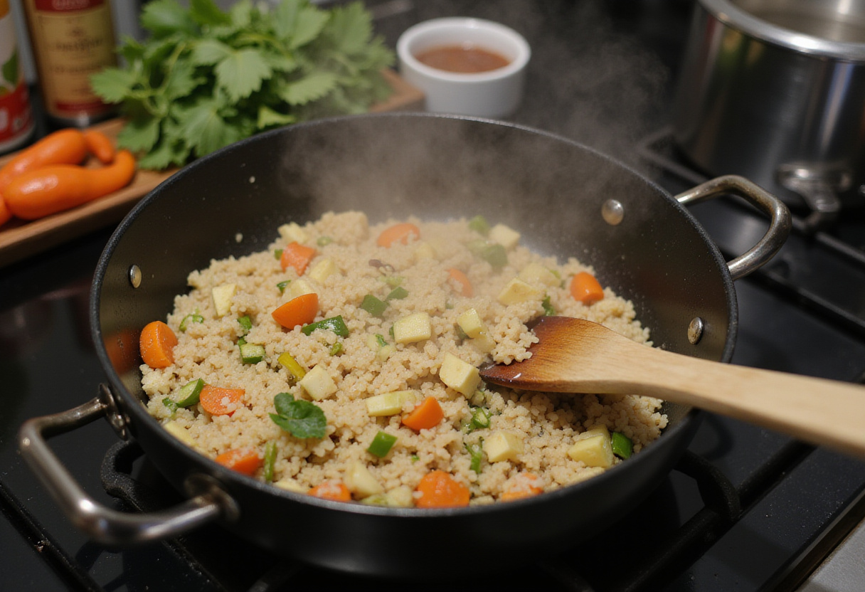 Cooking rice and vegetables for stuffed bell peppers, highlighting a simmering pot and an aromatic kitchen setting.