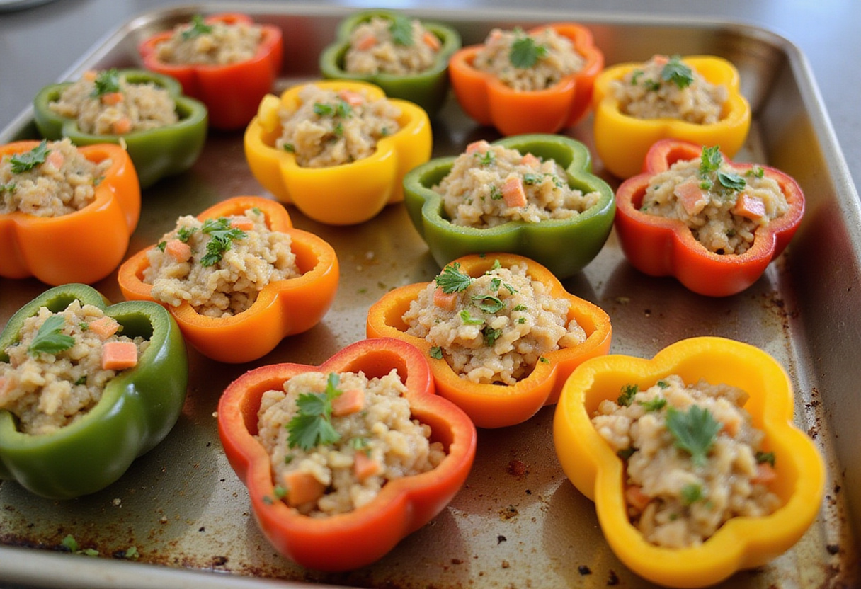 Filling bell peppers with rice and vegetable mix for stuffed bell peppers, showcasing a bright and appetizing presentation.