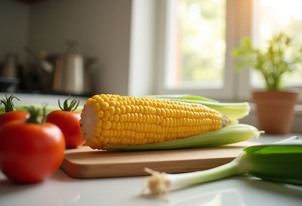 Husked corn on the cob surrounded by fresh vegetables, perfect for a summer corn salad with avocado.