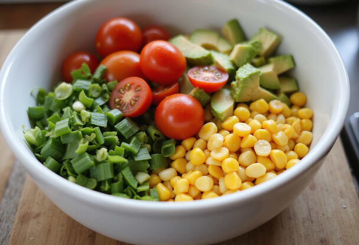 Mixing bowl filled with ingredients for a vibrant summer corn salad with avocado, showcasing fresh produce.