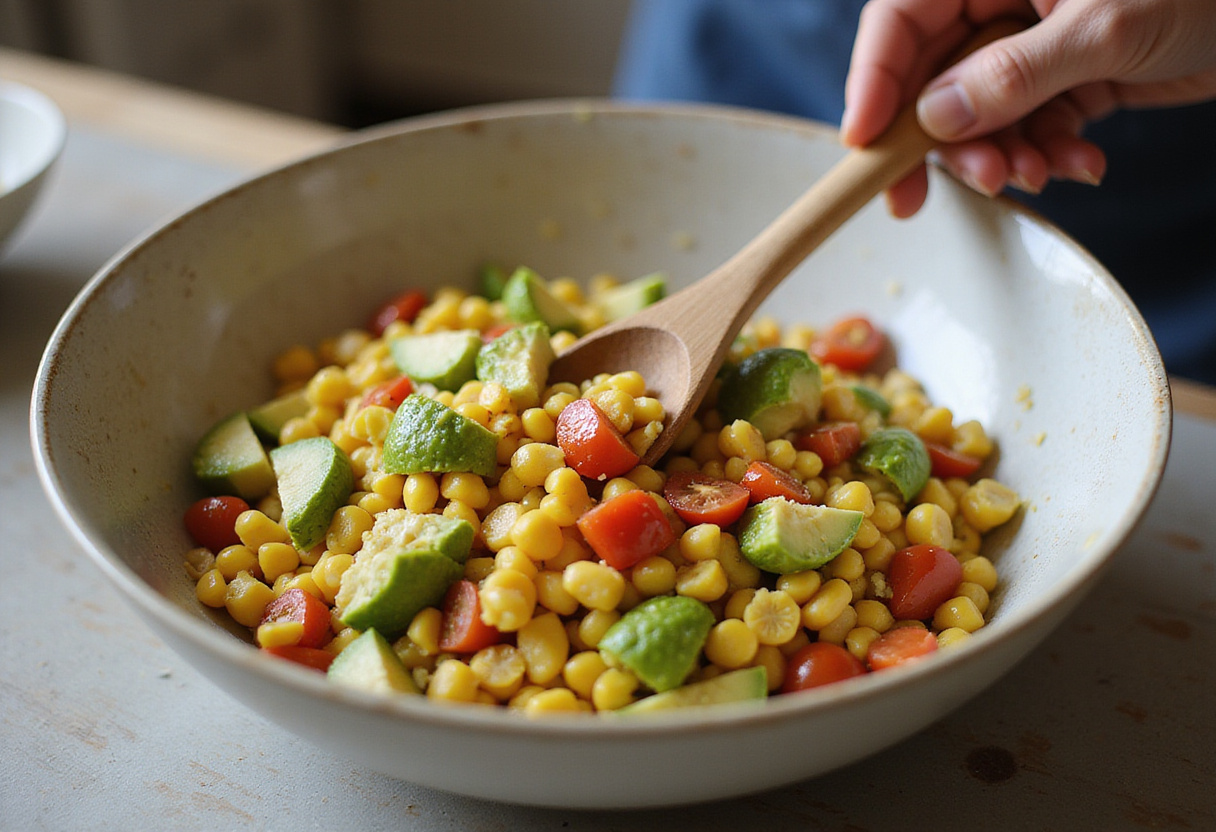 A colorful summer corn salad with avocado being mixed in a bowl, emphasizing fresh and healthy ingredients.