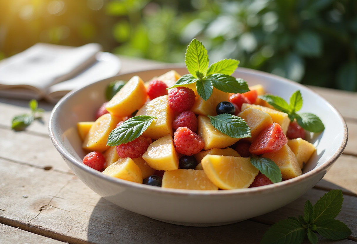 A vibrant summer fruit salad served in a bowl, featuring an assortment of fresh seasonal fruits and garnished with mint leaves, perfect for healthy summer snacking.