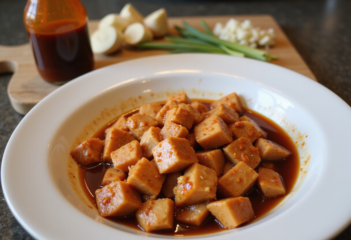 Marinated chicken pieces in sweet chili sauce, preparing for a delicious Sweet Chili Chicken recipe with fresh ingredients.