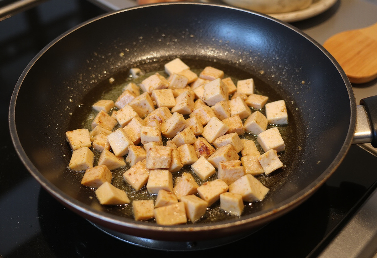 Sizzling diced chicken cooking in a frying pan, highlighting the preparation stages of the flavorful Sweet Chili Chicken recipe.