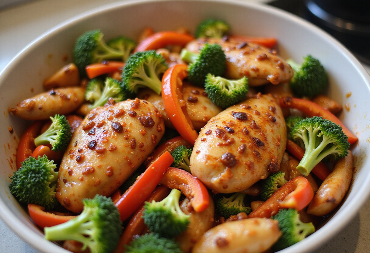 Chicken and colorful vegetables being mixed in sweet chili sauce, showcasing the vibrant preparation of the Sweet Chili Chicken dish.