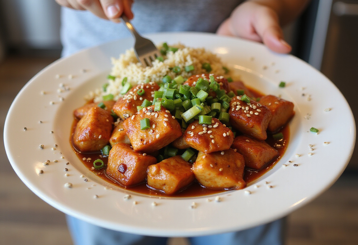 Garnished Sweet Chili Chicken served on a plate, with rice and vegetables, depicting the finishing touches of this delightful recipe.