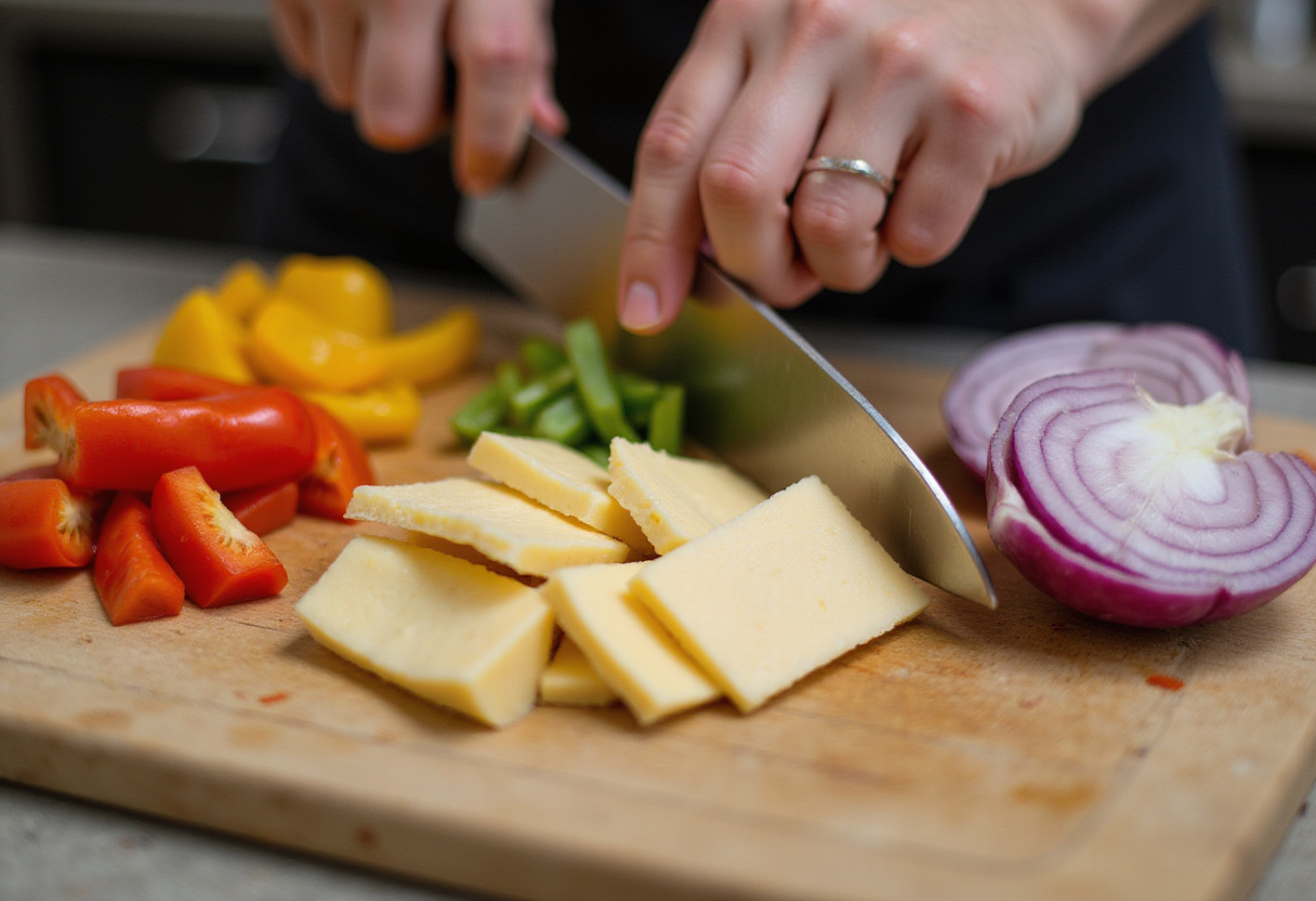 Preparing ingredients for sweet chili halloumi wraps with chopped halloumi cheese and colorful vegetables.