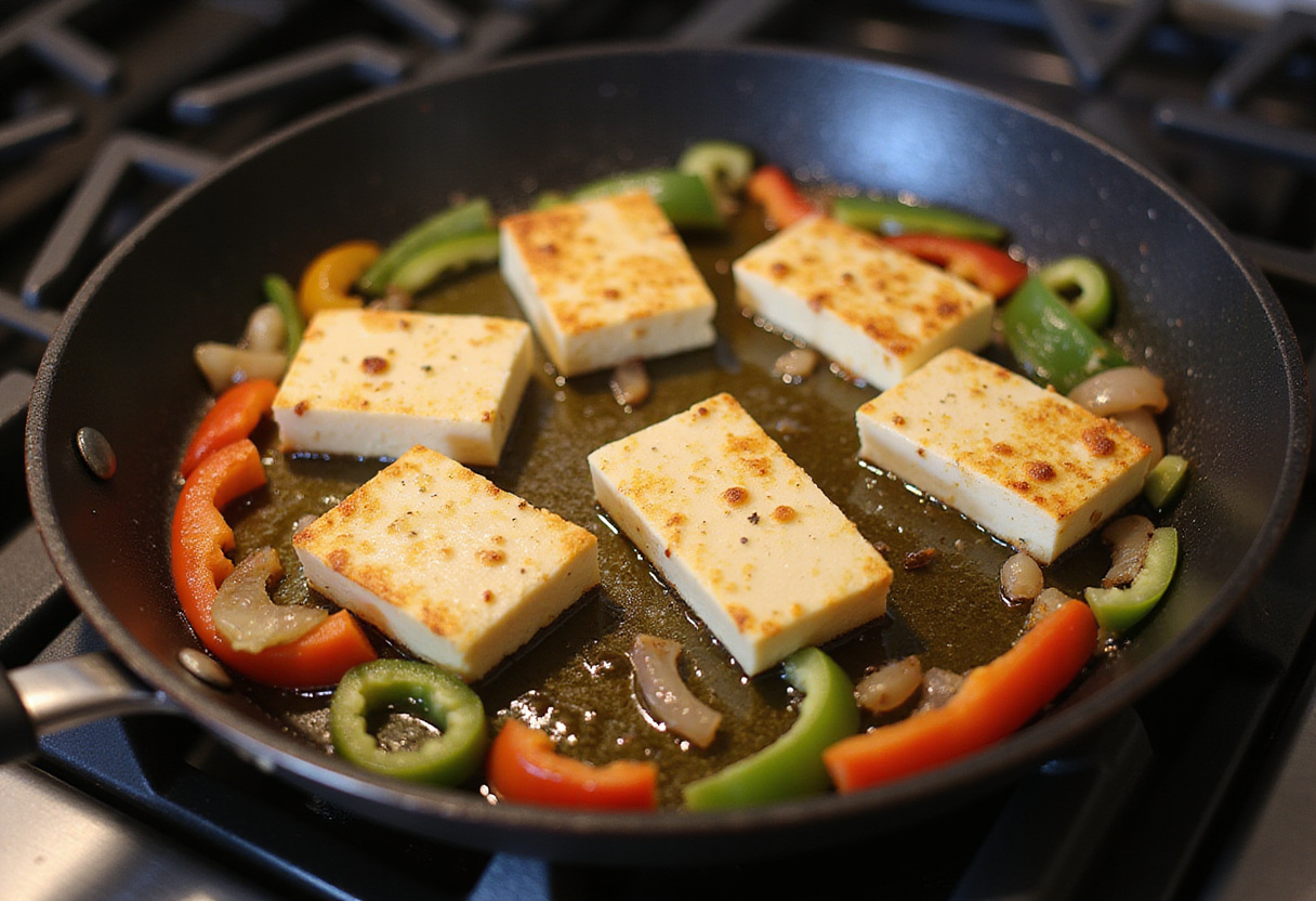 Pan-frying halloumi cheese in olive oil for delicious sweet chili halloumi wraps with vibrant vegetables.