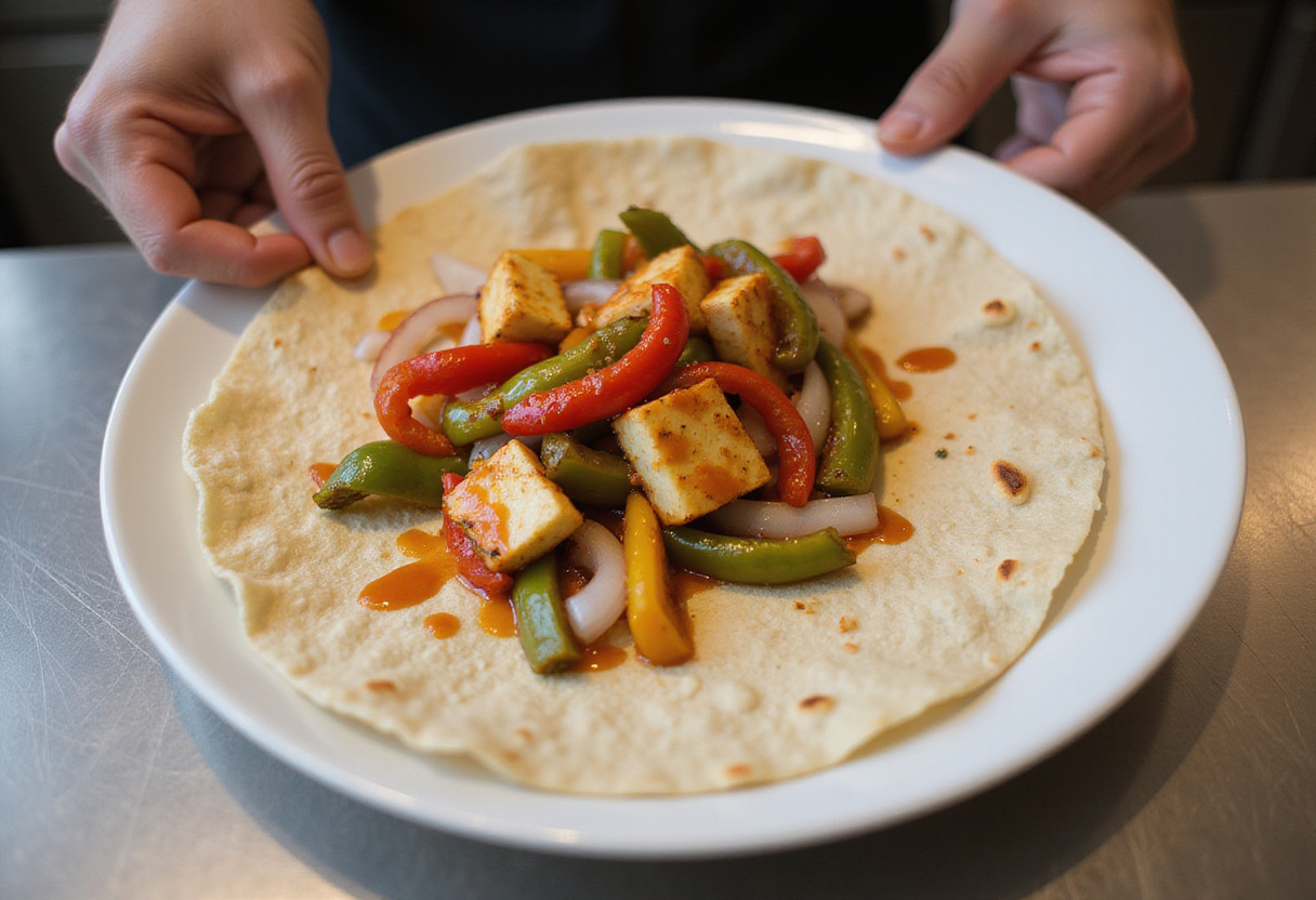 Assembling a sweet chili halloumi wrap with golden halloumi and fresh vegetables on a tortilla.