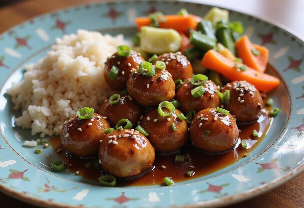 Delicious Teriyaki Chicken Meatballs served on a plate with sesame seeds and green onion garnish alongside rice and vegetables.