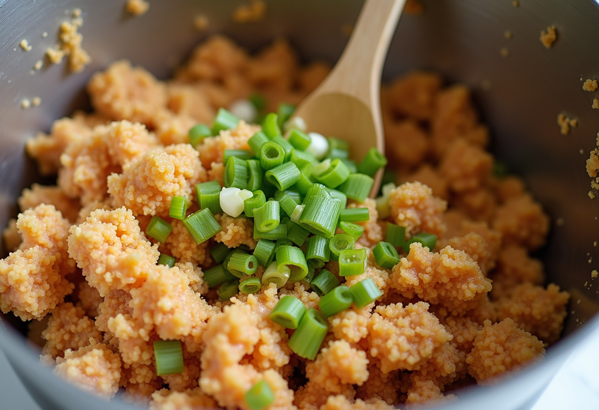 Making Teriyaki Chicken Meatballs with ground chicken, breadcrumbs, garlic, ginger, green onions, soy sauce, and sesame oil mixture in a bowl.