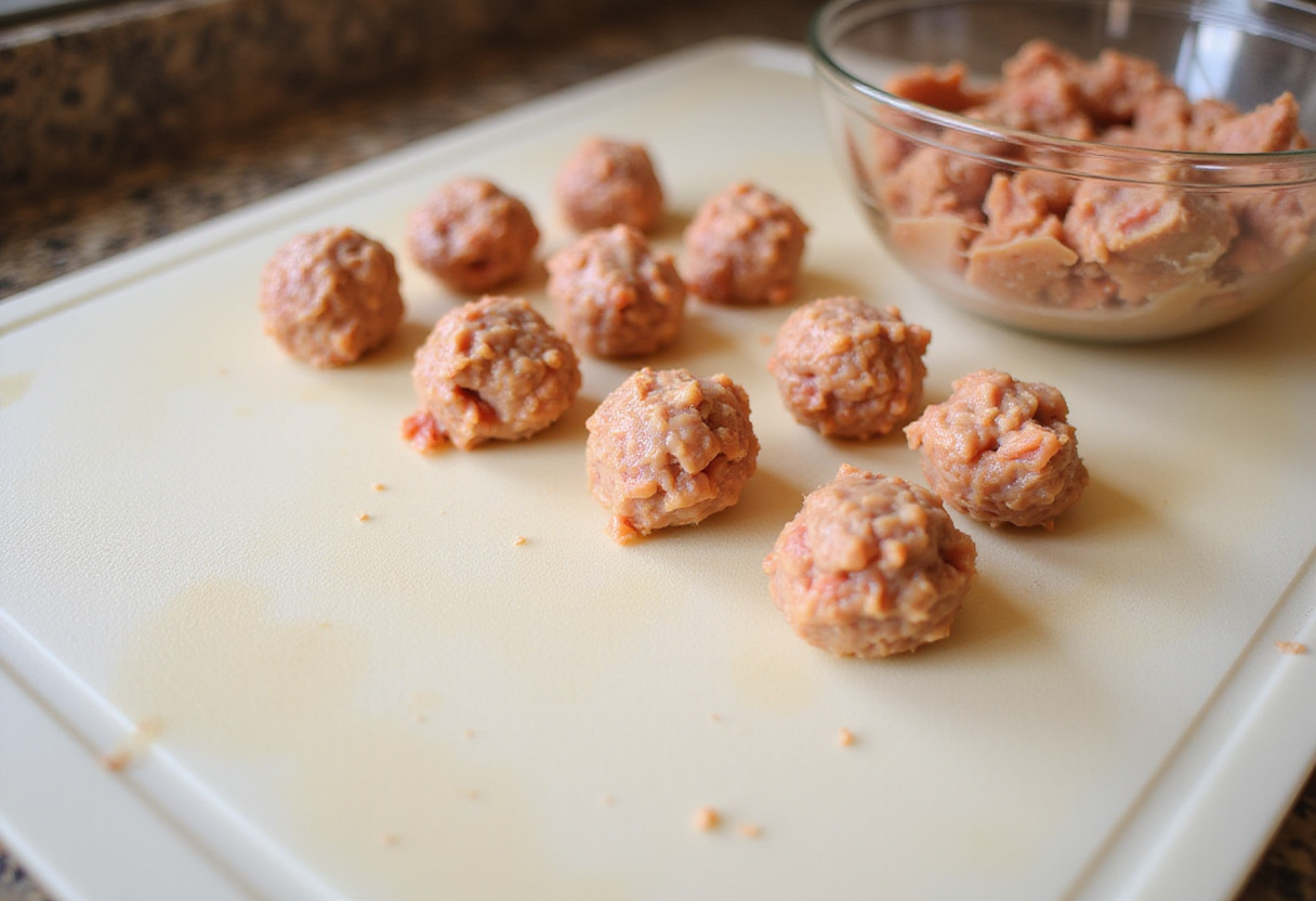 Shaping Teriyaki Chicken Meatballs with a perfectly rolled meatball on a cutting board, ready for cooking.