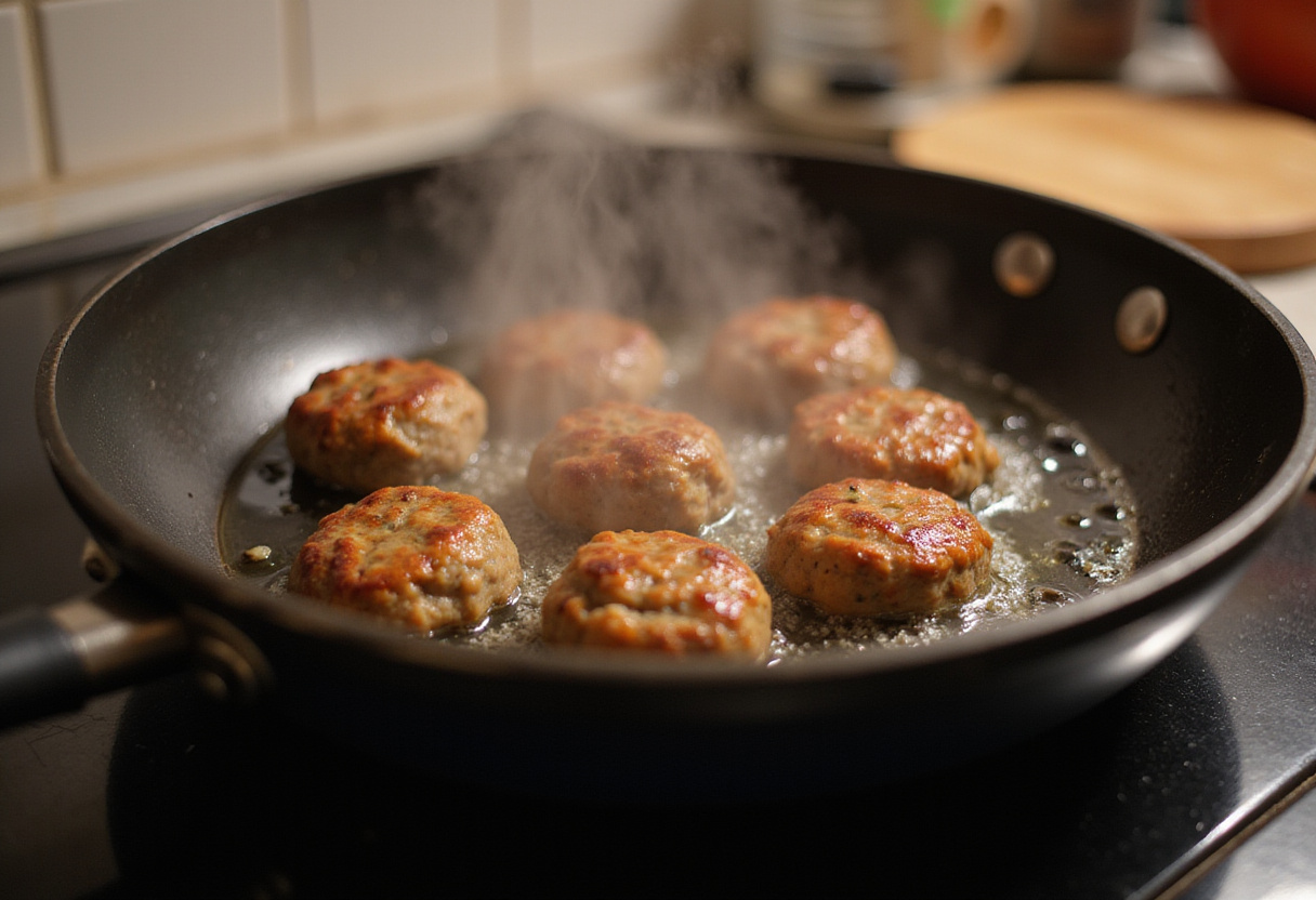 Cooking Teriyaki Chicken Meatballs in a frying pan, showing sizzling meatballs in a warm kitchen setting as they brown.