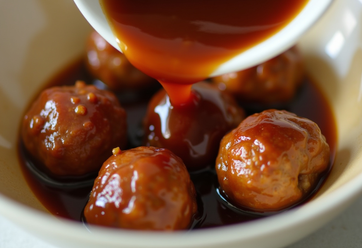 Drizzling homemade teriyaki sauce over cooked chicken meatballs for a delicious finish.