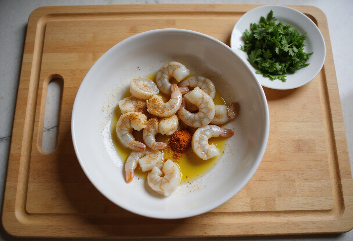 Texas Roadhouse Grilled Shrimp ingredients with seasoned shrimp on a cutting board, showcasing a flavorful preparation.